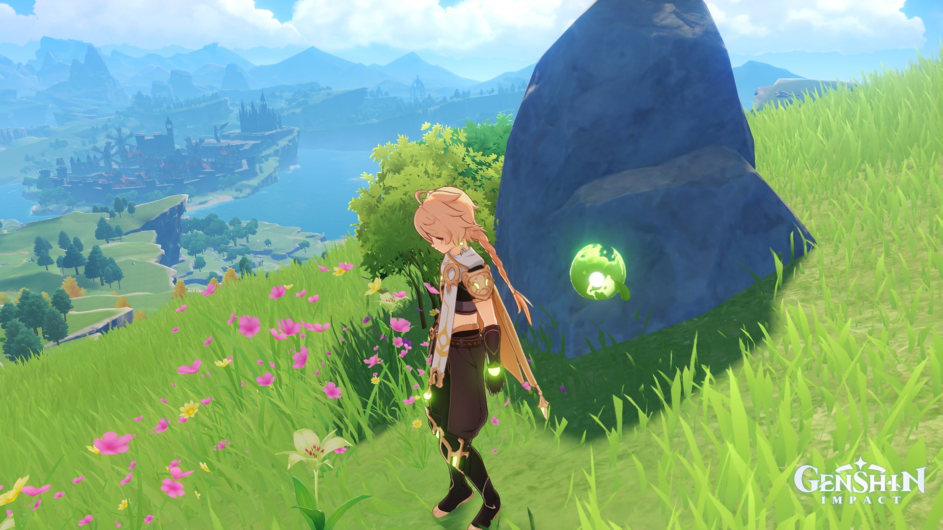 Genshin Impact Cecilia locations and farming: An anime boy with blonde hair looks at a Cecilia flower