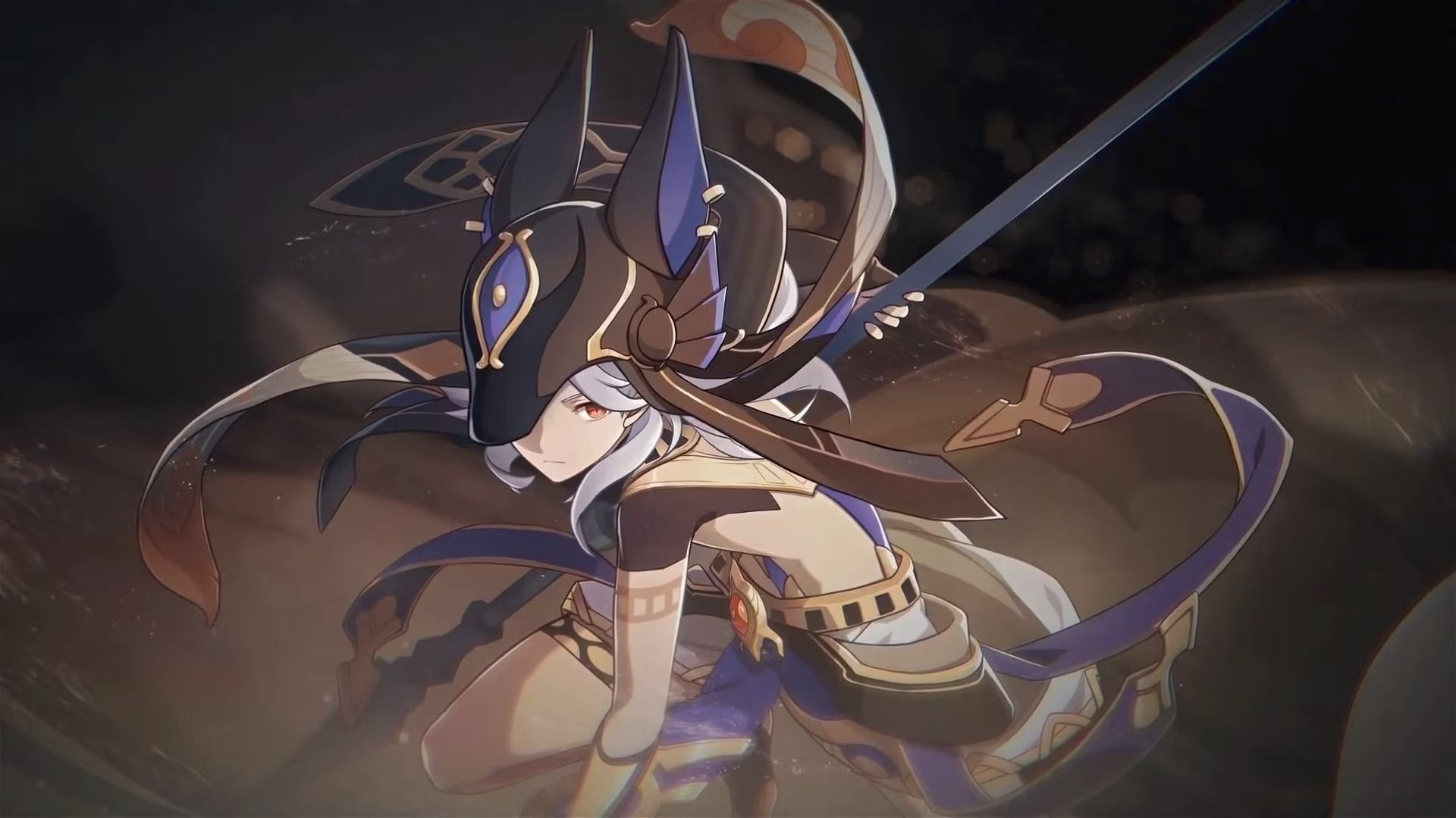 Genshin Impact Cyno build: A young man with a wolf hat is swinging a spear against a shadowy background
