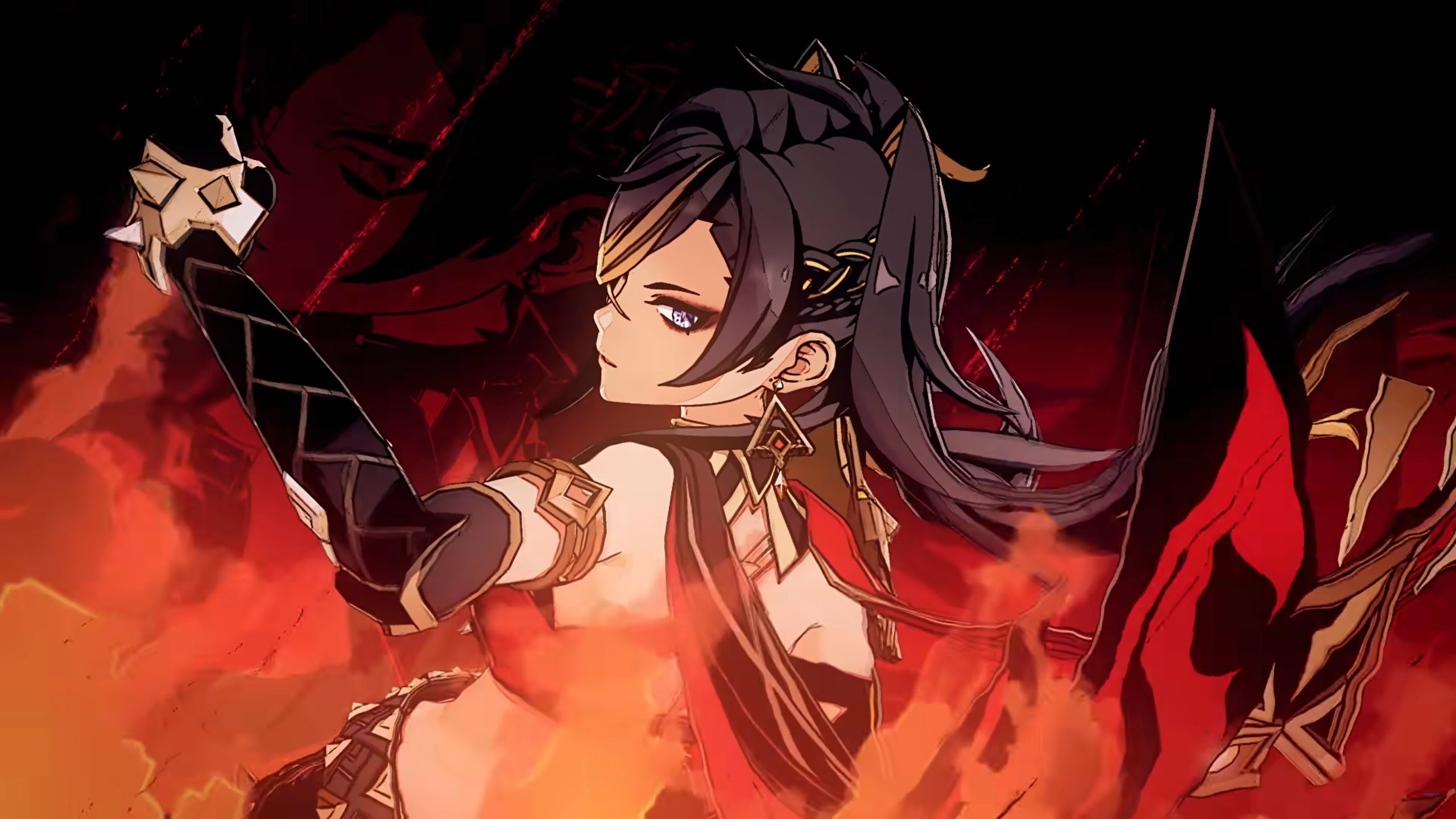 Genshin Impact Dehya build: An anime woman with long brown hair and cat ears is standing amid a blaze of flames. She's turned sideways as if gearing up for a mighty punch