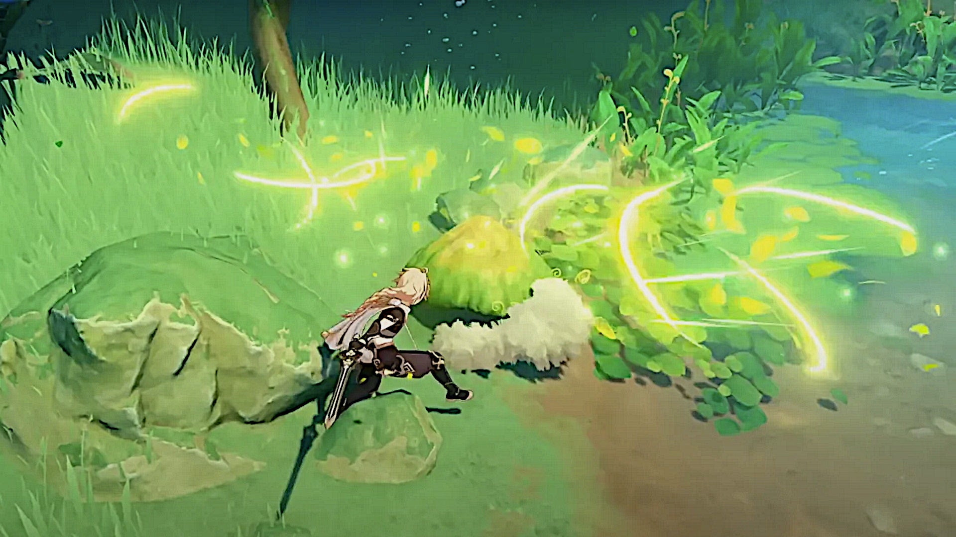 Genshin Impact Dendro: A young man emits leaf blades from a sword and attacks a walking mushroom