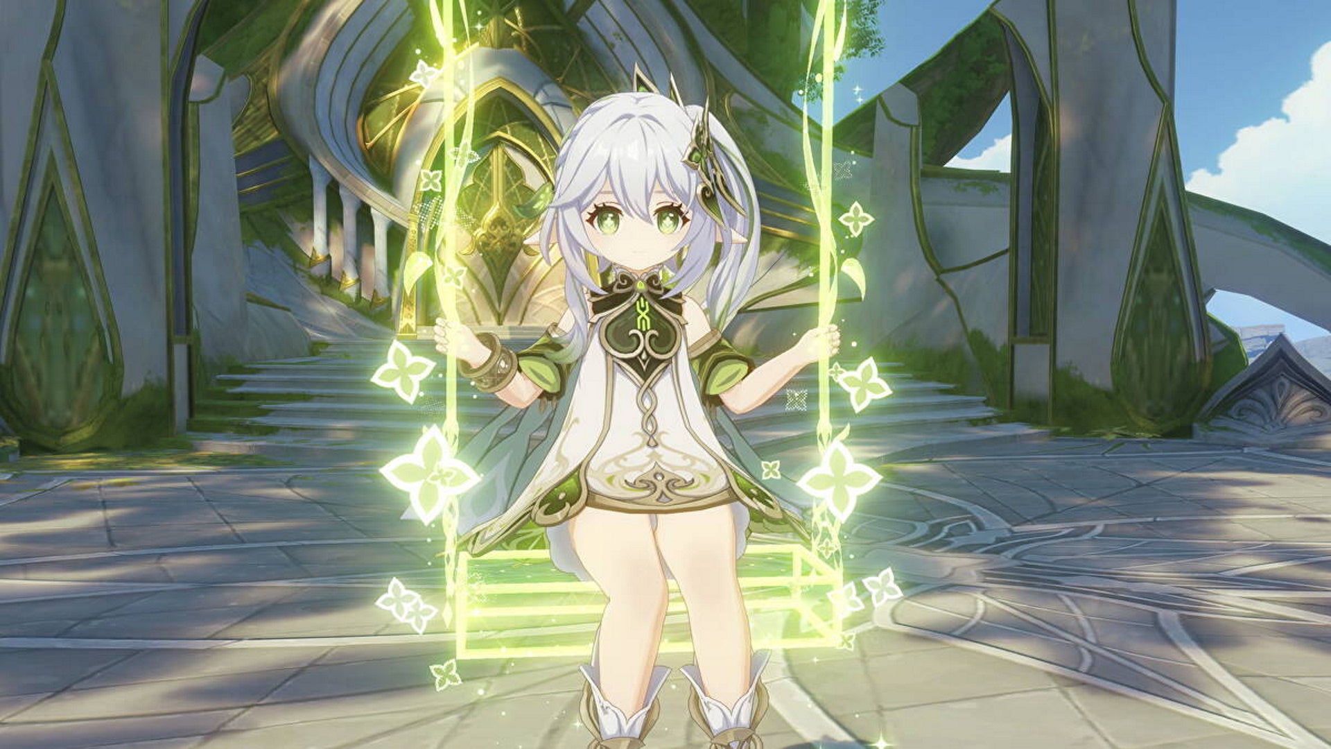 Genshin Impact Nahida teams: An anime girl in a green and silver dress is sitting on a glowing swing made of illusory vines