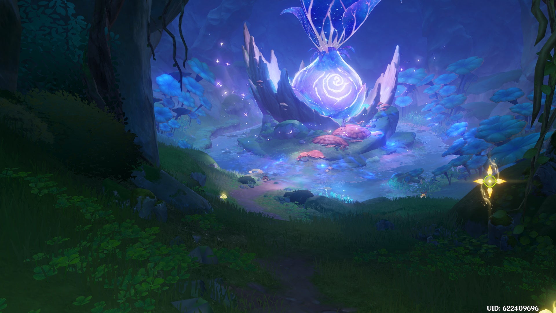 Genshin Impact Tree of Dreams: A glowing blue onion is situated in the middle of a pond