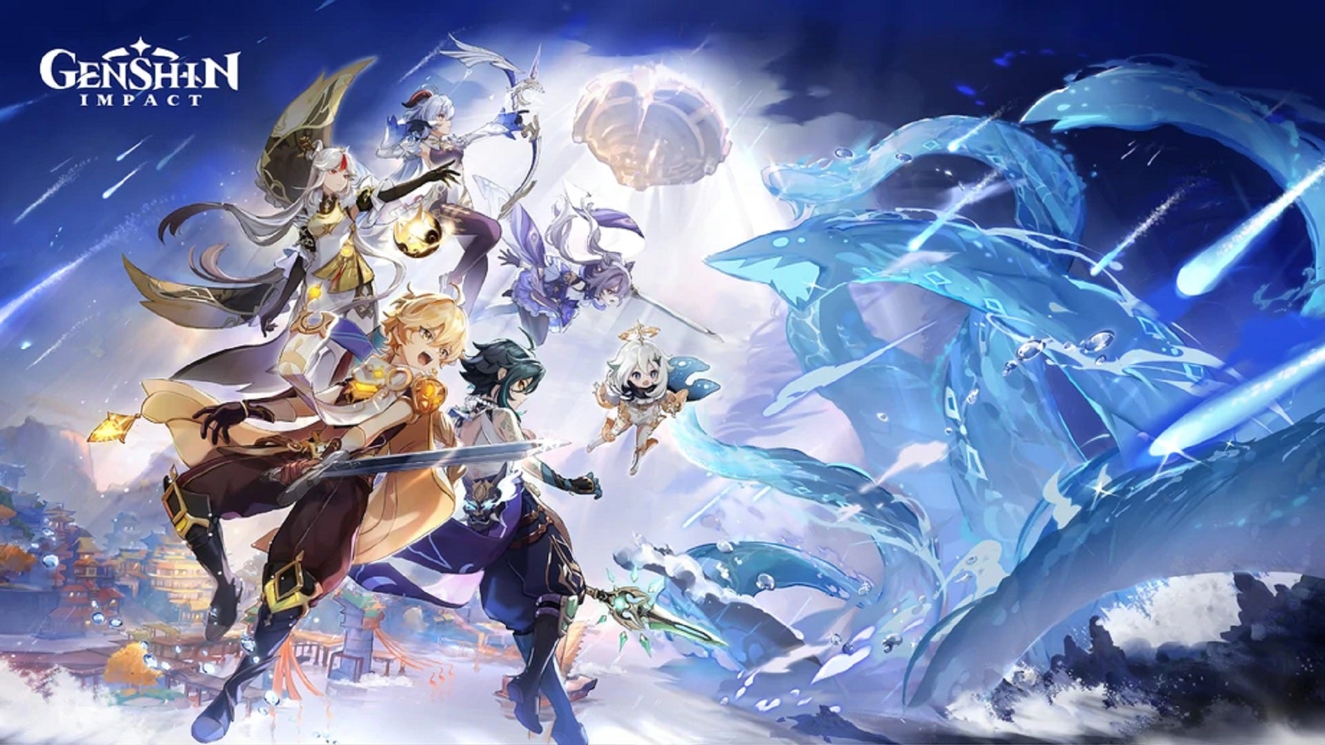A team of characters battling a water hydra in Genshin Impact.