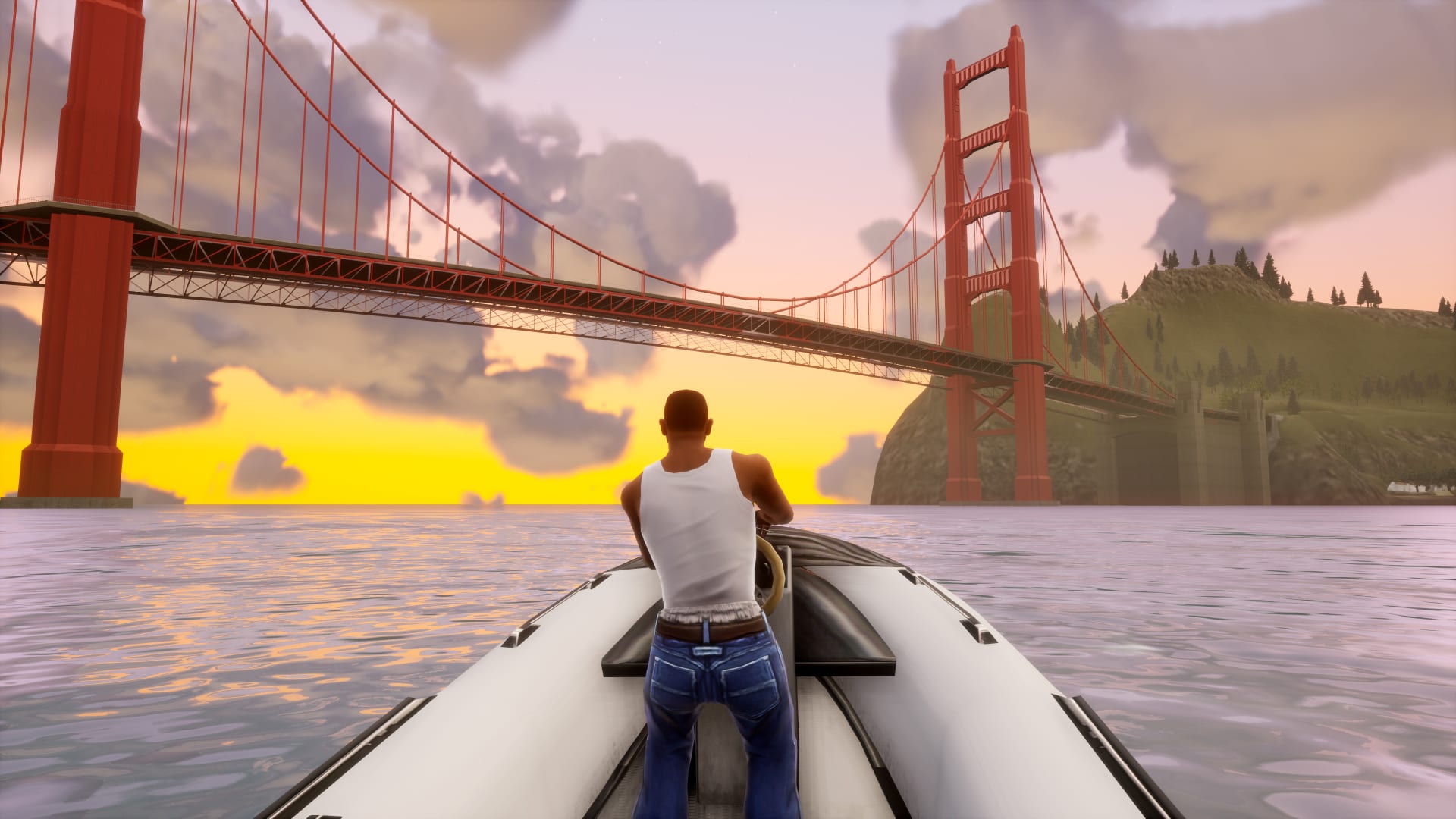 CJ steers a speedboat in Grand Theft Auto San Andreas