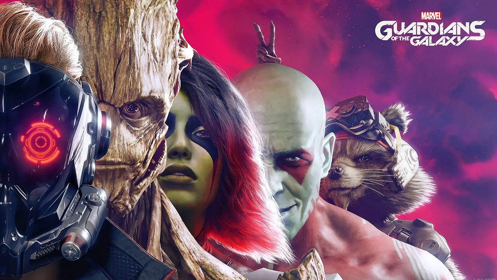 Guardians of the galaxy poster featuring the faces of Star-Lord, Groot, Gamora, Drax & Rocket holding bunny ears behind the head of Drax