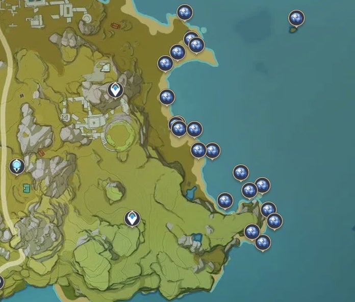 A map showing all Starconch locations near Liyue's Guili Plains area