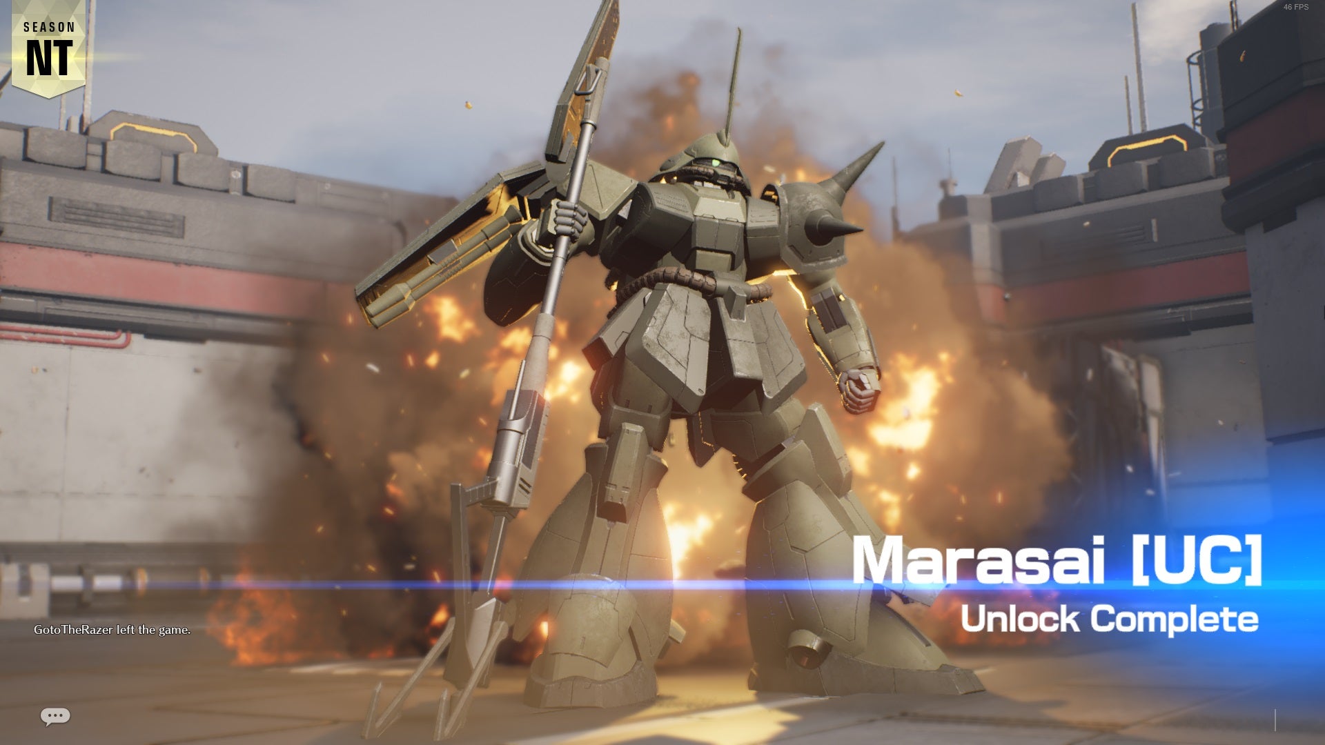 The unlock screen for the Marrusai Gundam in GUndam Evolution. COol mech with an explosion behind it.