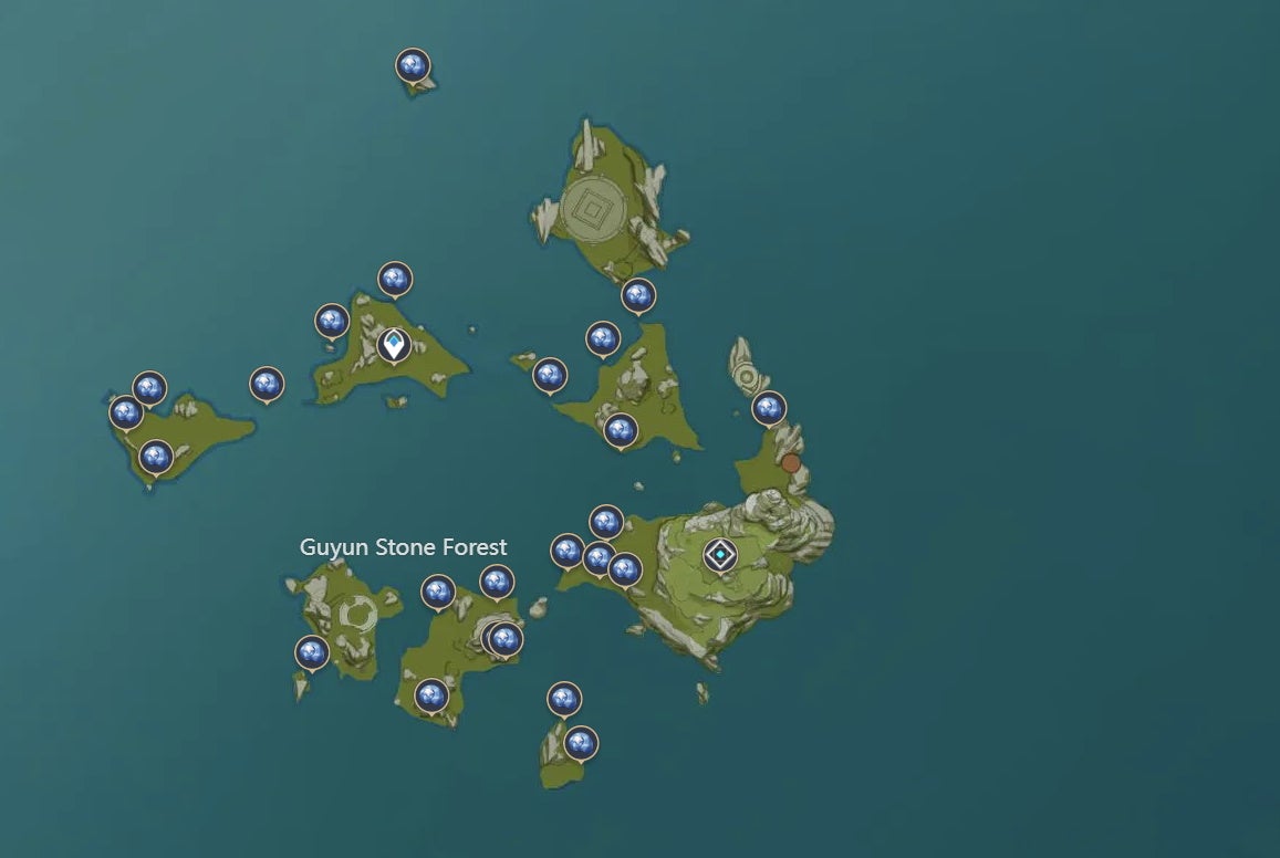 A map showing all Starconch locations in Liyue's Guyun Stone Forest area