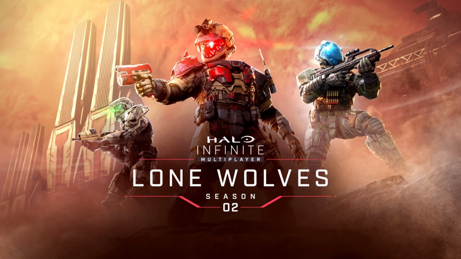 Key art for Halo Infinite season 2 'Lone Wolves', featuring three Spartans showing off their new armour in action poses.