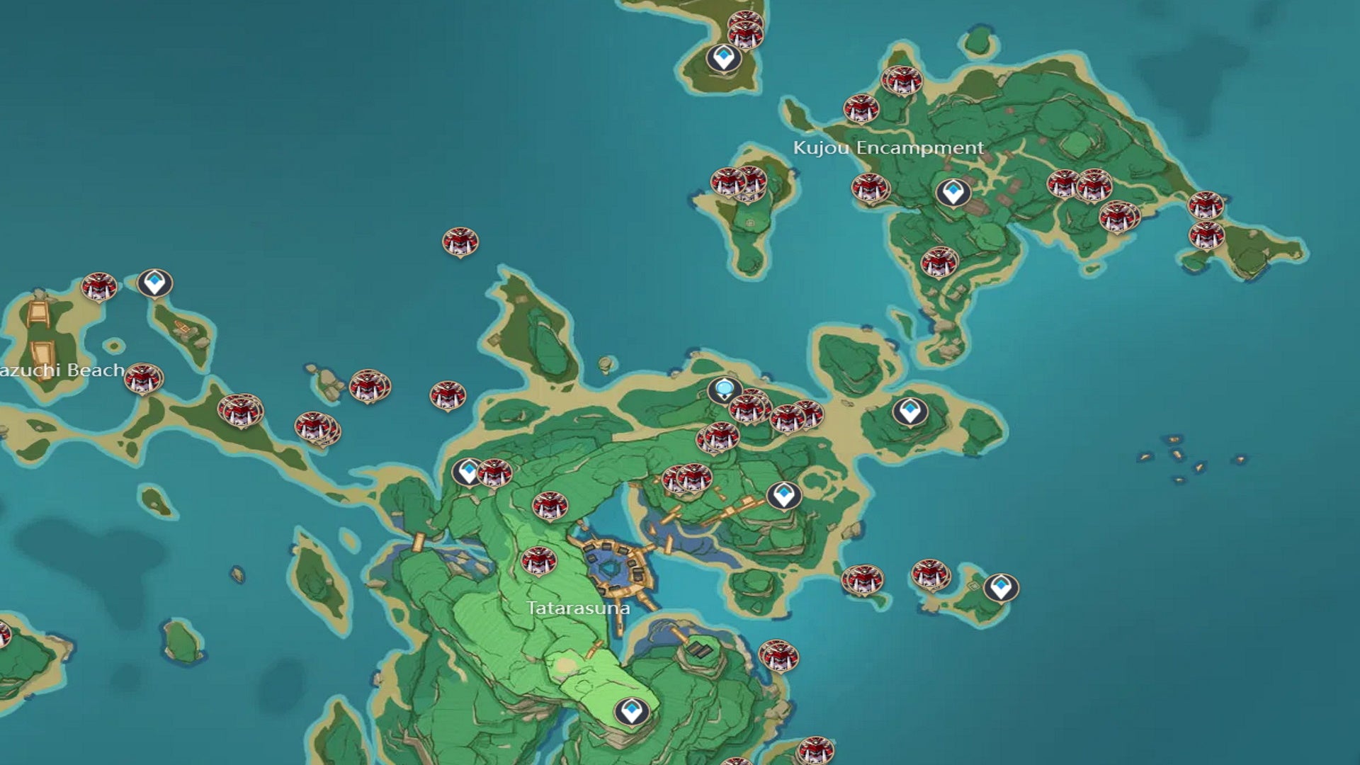Genshin Handguard locations: A map shows the entirety of Tatarasuna Island, with red icons indicating where to find Nobushi, mainly north of the forge and around Kujou Encampment