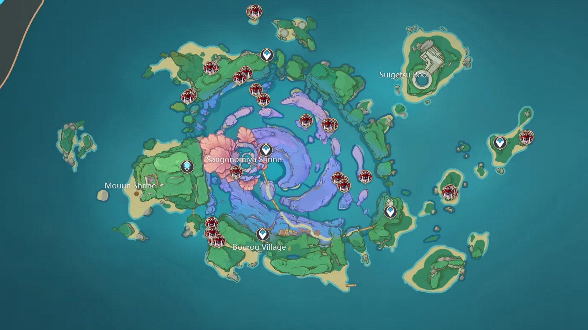 Genshin Handguard locations: A map shows the entirety of Watatsumi Island, with red icons indicating where to find Nobushi, mainly around the center clamshell