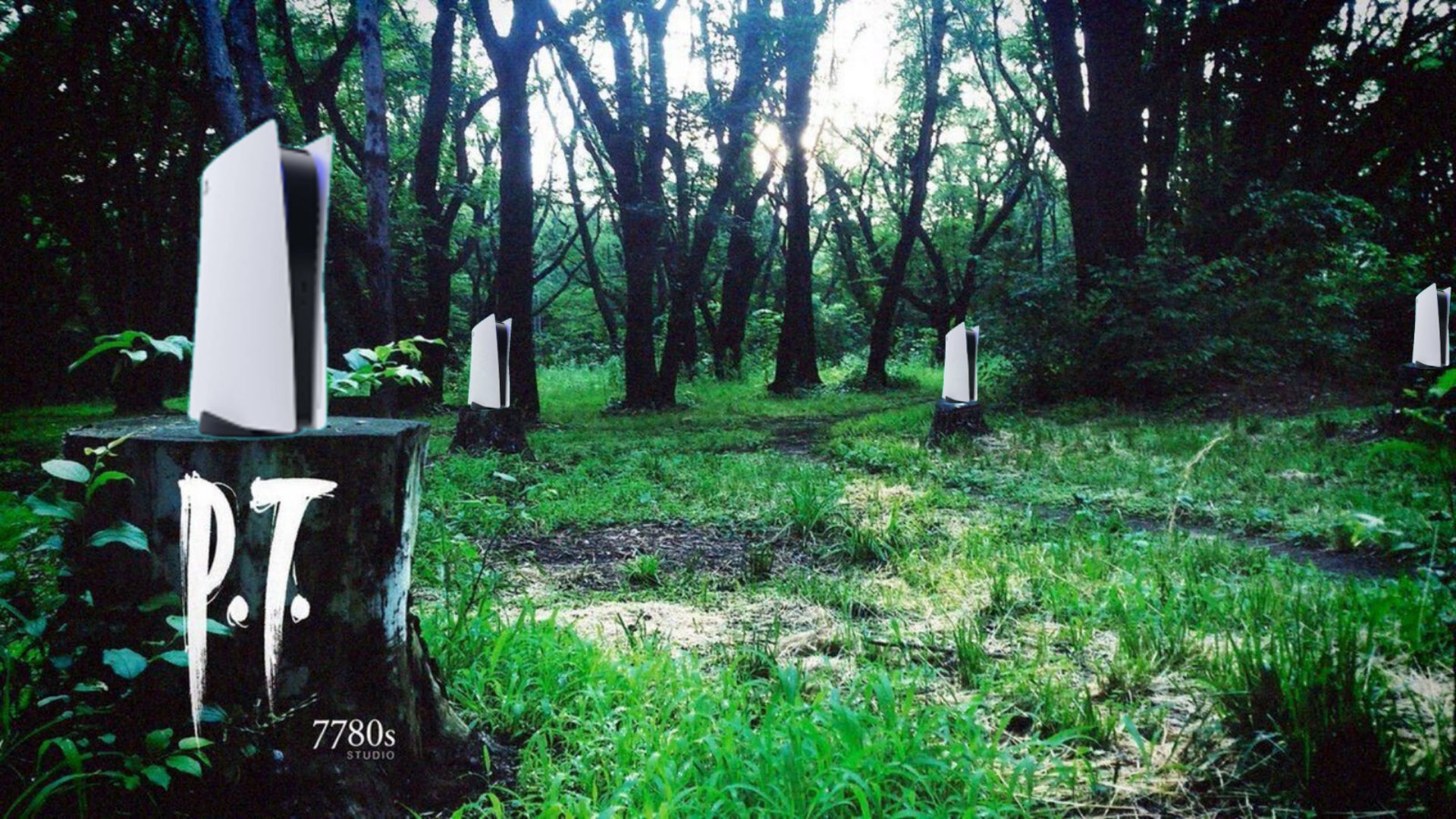 Multiple PS5 consoles hide in the forest featured in the P.T. artwork
