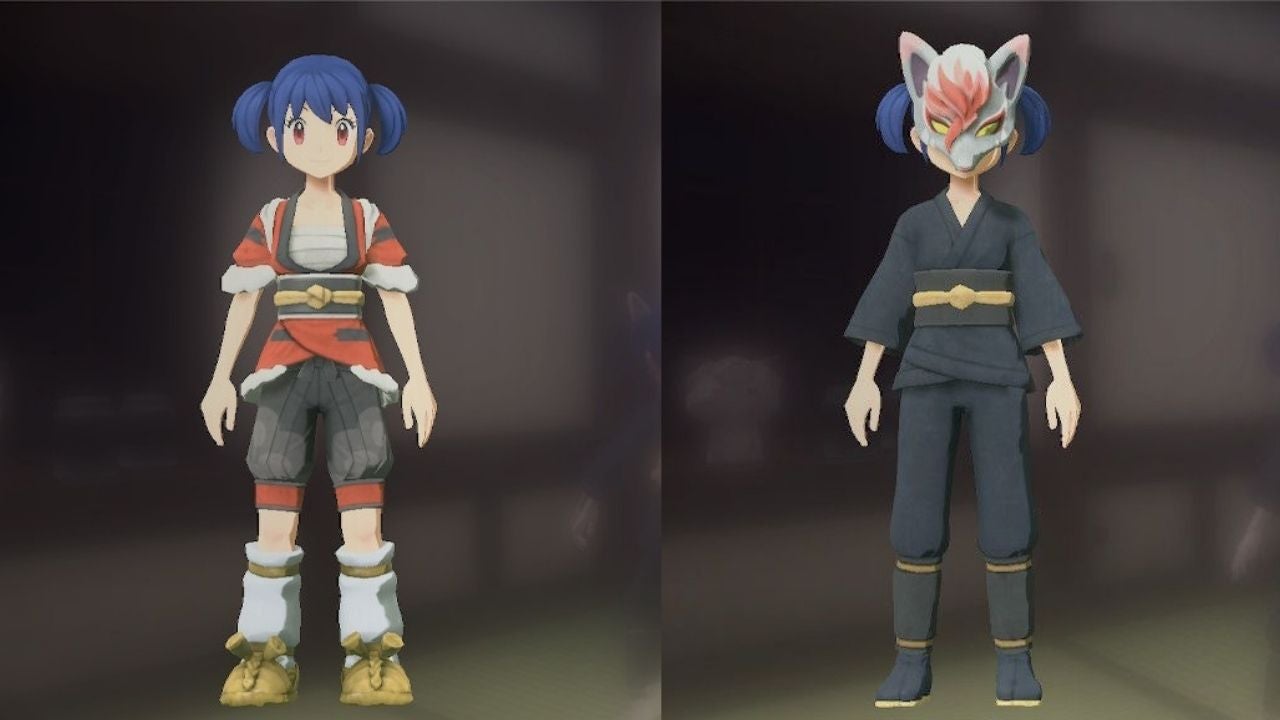 Pokemon Legends: Arceus characters, one wearing the Hisuian Growlithe Kimono Set and one wearing the Baneful Mask