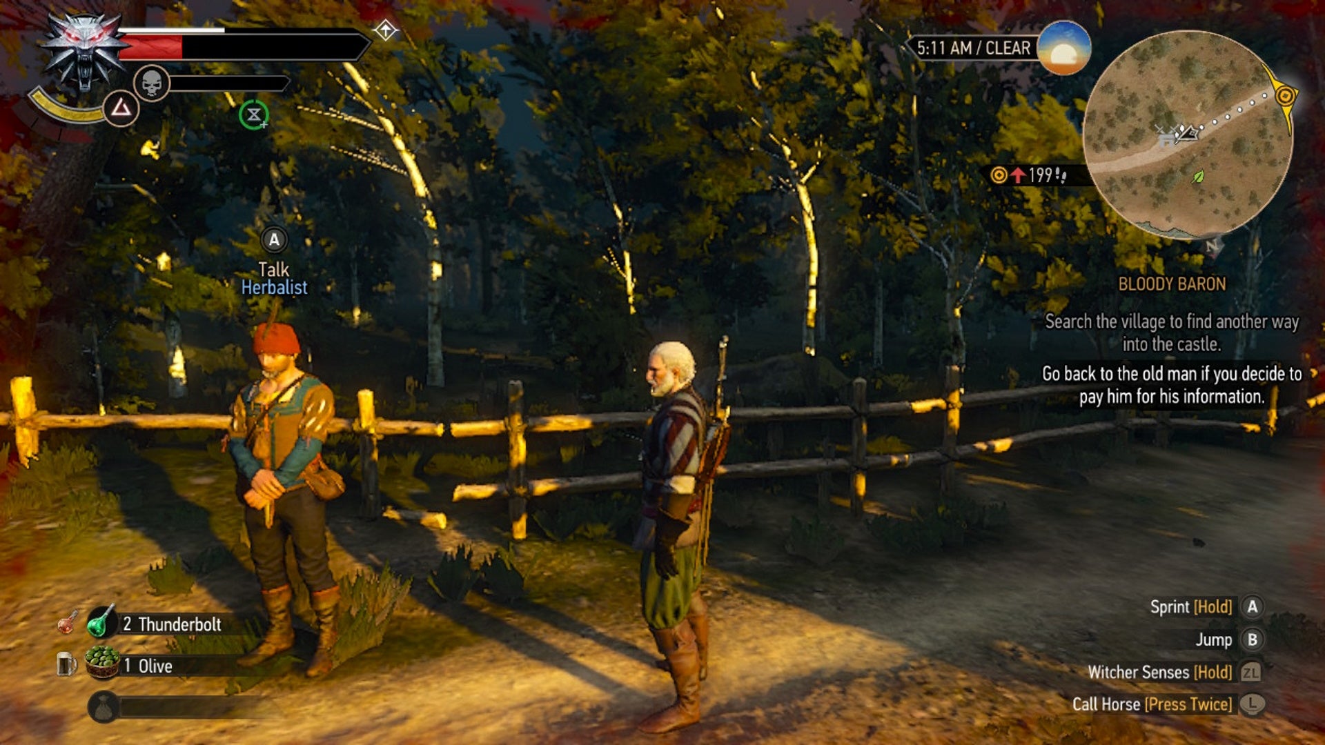 Witcher 3 alchemy: A man in a red and grey striped shirt is standing on a dirt road near a fence, on the edge of a forest. He's looking at a man wearing a red cap