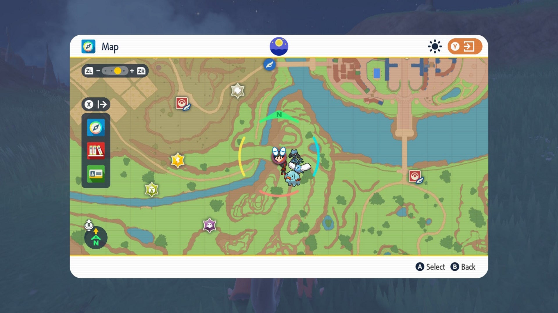 How to get Riolu in Scarlet and Violet: A map image shows a player character standing on the edge of a river near an open plain