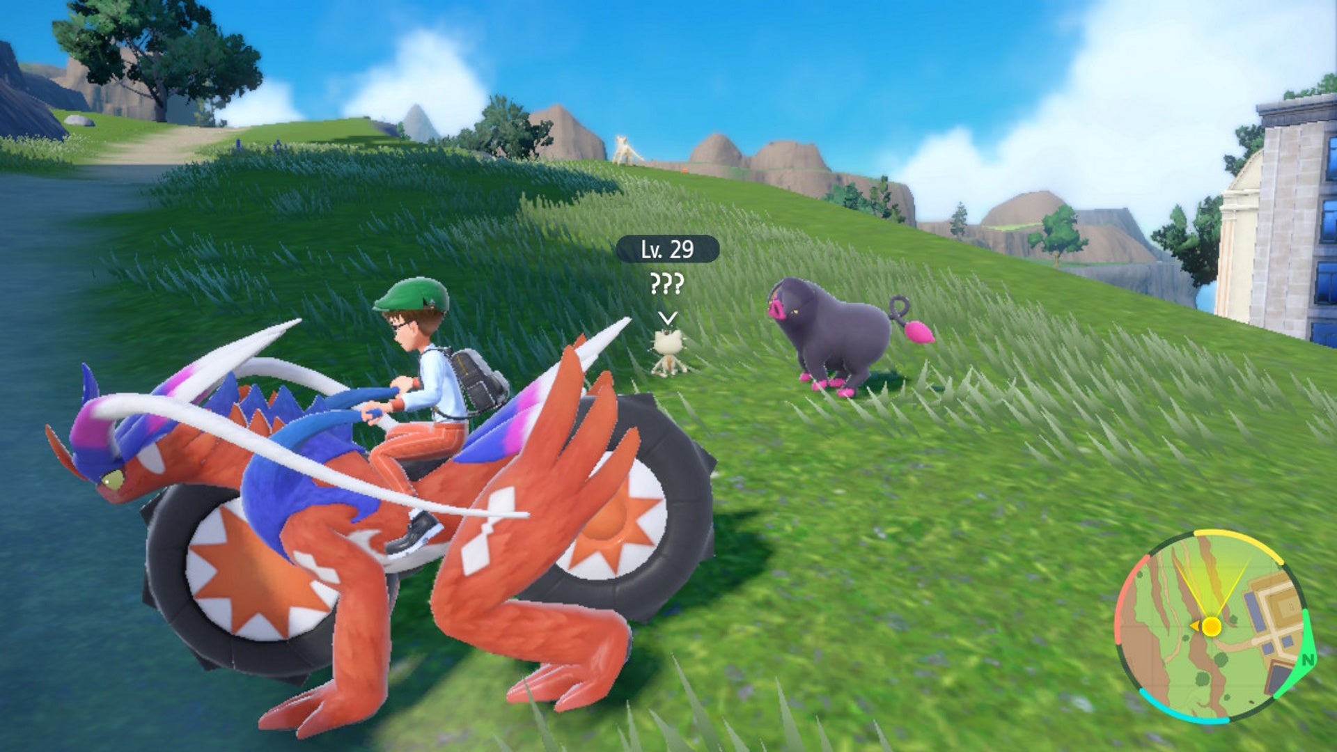Zorua in Scarlet and Violet: An anime child on a large red lizard shaped like a bike looks at an animated cat with question marks over its head