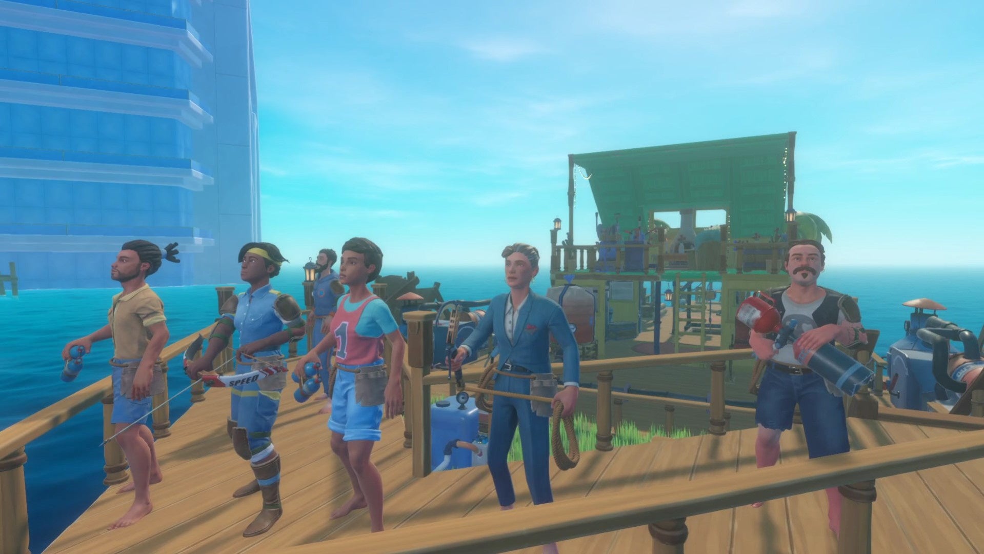 A group of characters standing on a raft watch a shocking development unfold