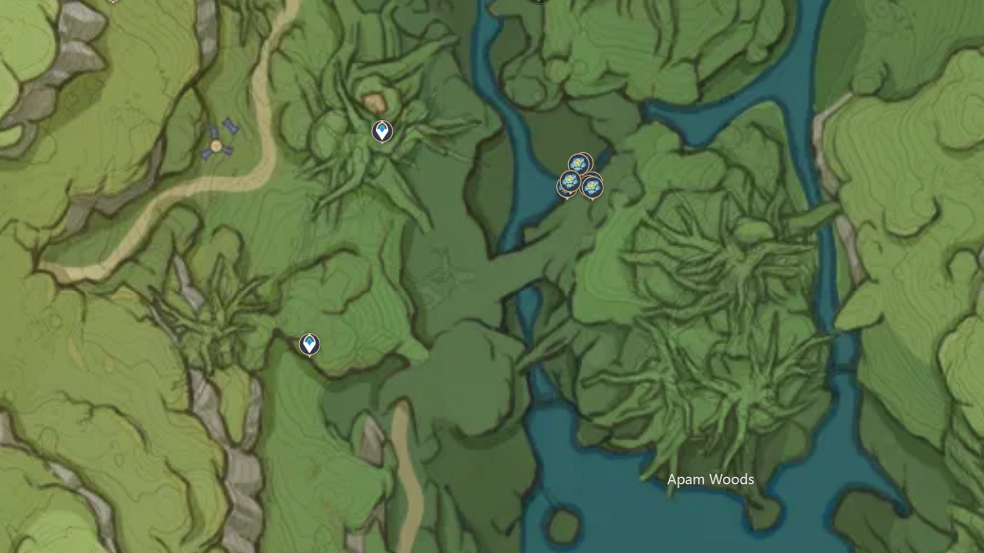 Genshin Impact Kalpalata Lotus locations: A map showing Kalpalata locations Apam Woods