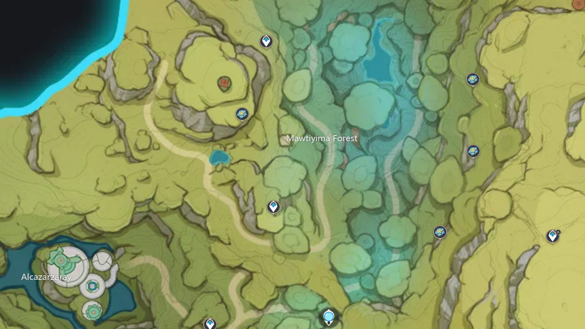 Genshin Impact Kalpalata Lotus locations: A map showing Kalpalata locations near Mawtiyima Forest