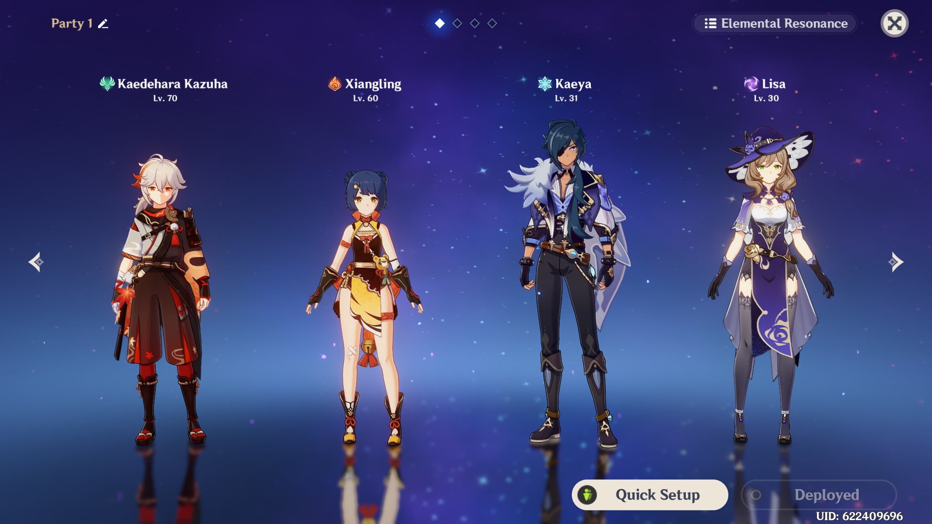 A F2P team for Kazuha with Xiangling, Kaeya, and Lisa