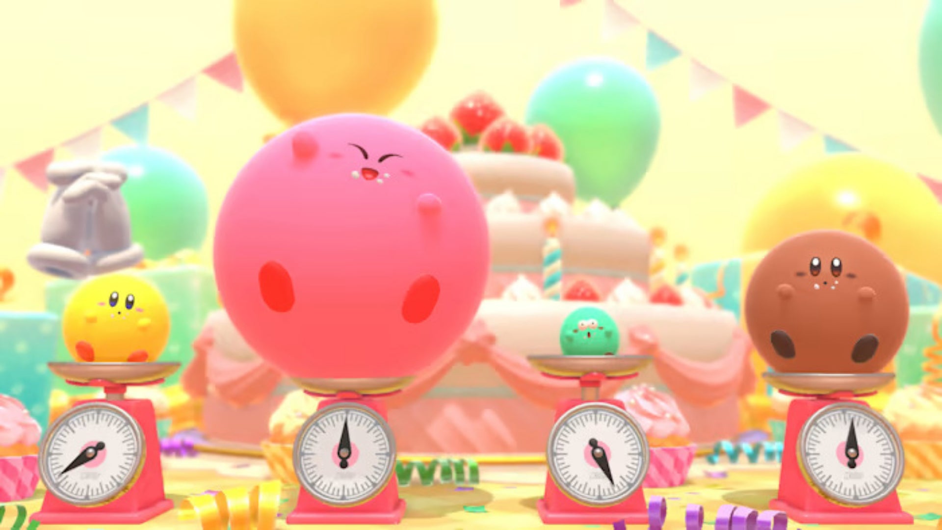 Kirby and colourful poyos sit beside each other on scales in Kirby's Dream Buffet.
