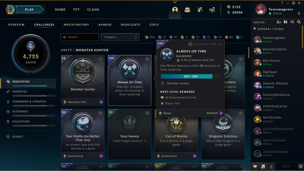 The League of Legends challenges menu showing each category broken down into different categories.