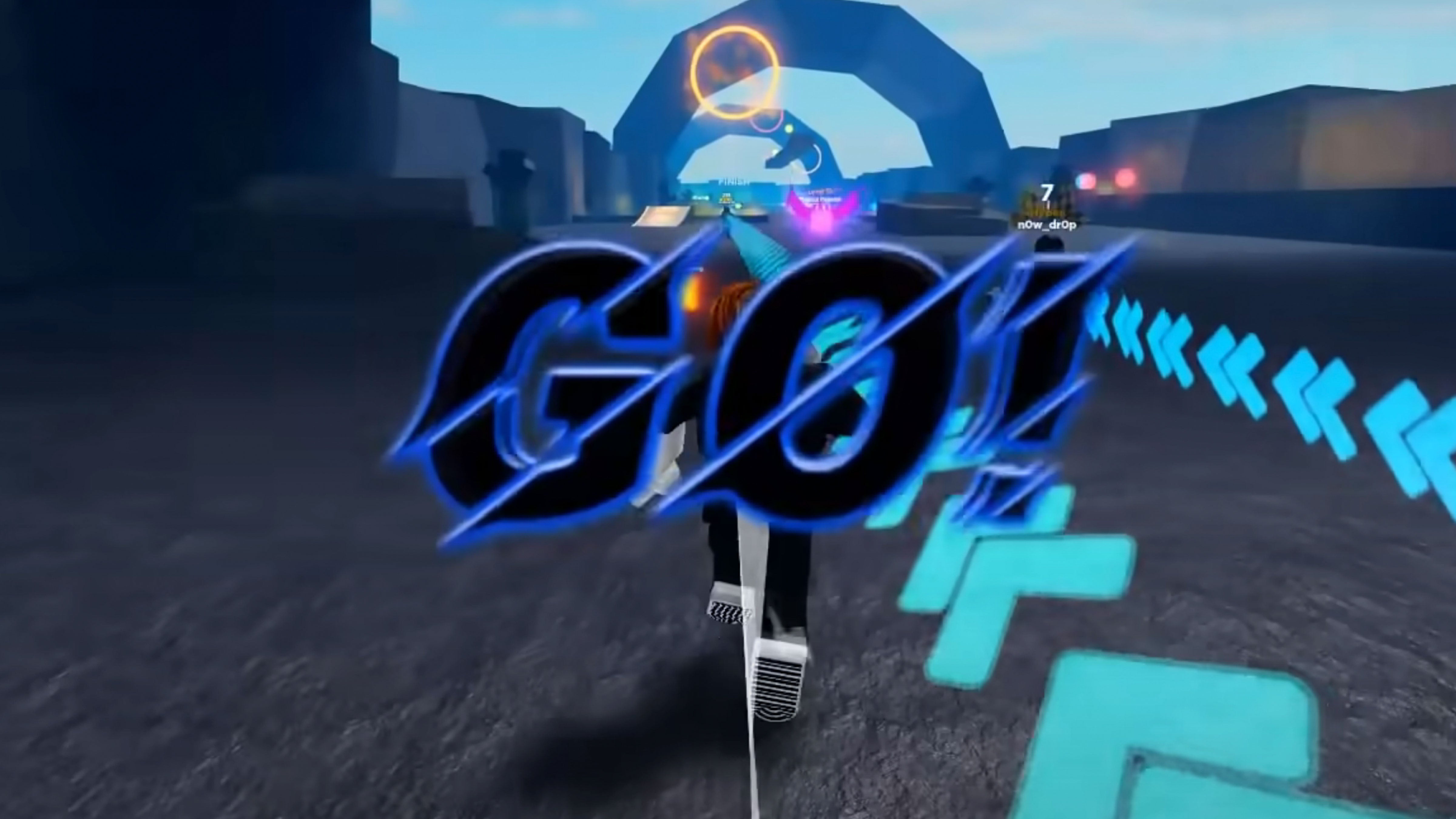 In-game screenshot of Roblox game Legends of Speed showing a player at the start line with 'GO!' flashing up on screen.