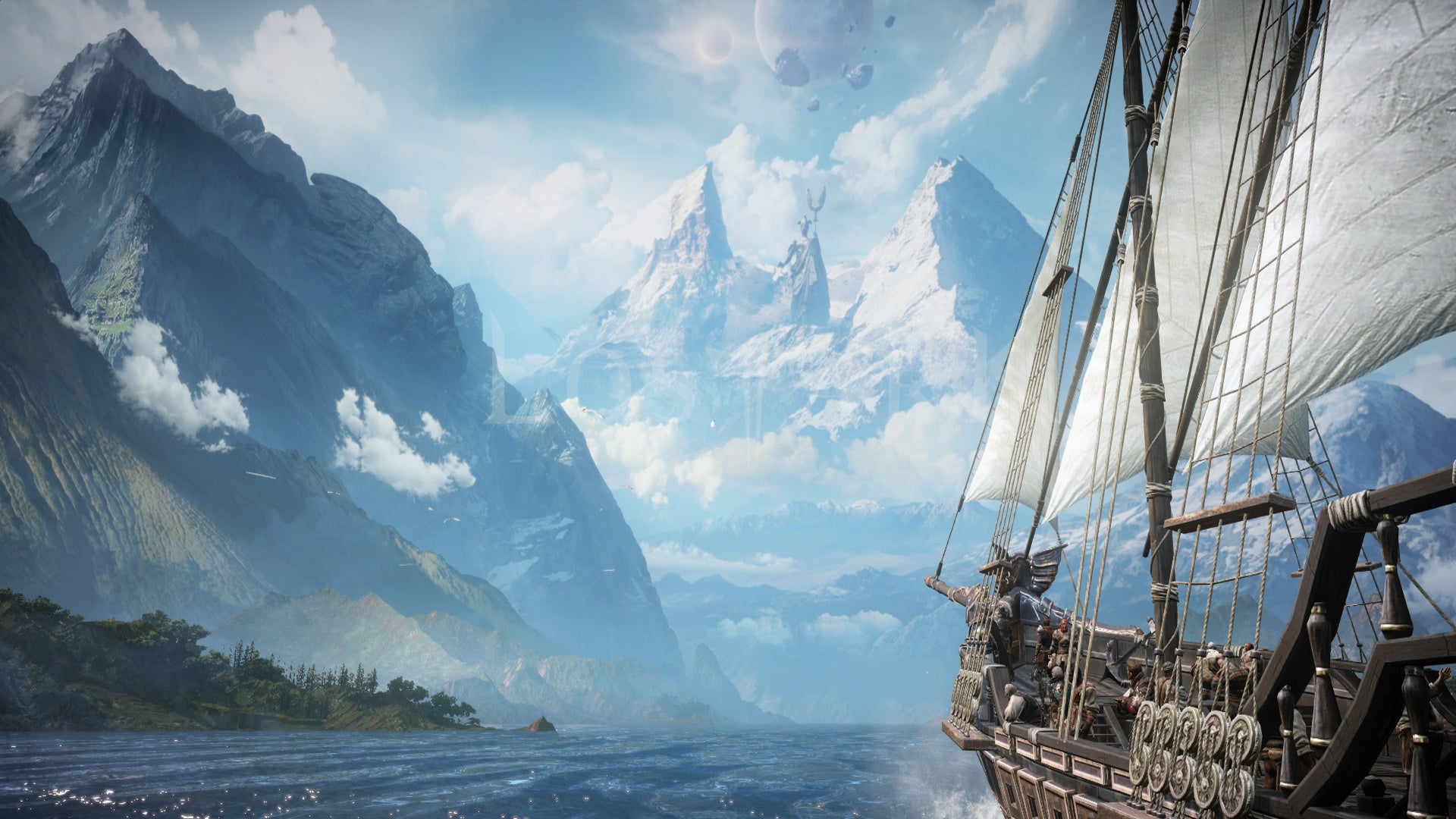 A ship in Lost Ark, sailing towards the horizon.