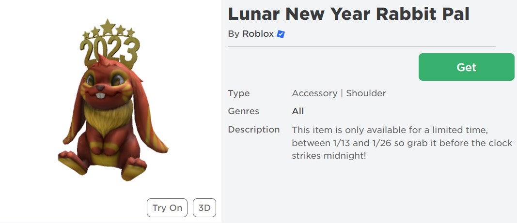 Lunar New Year Rabbit Pal Roblox accessory