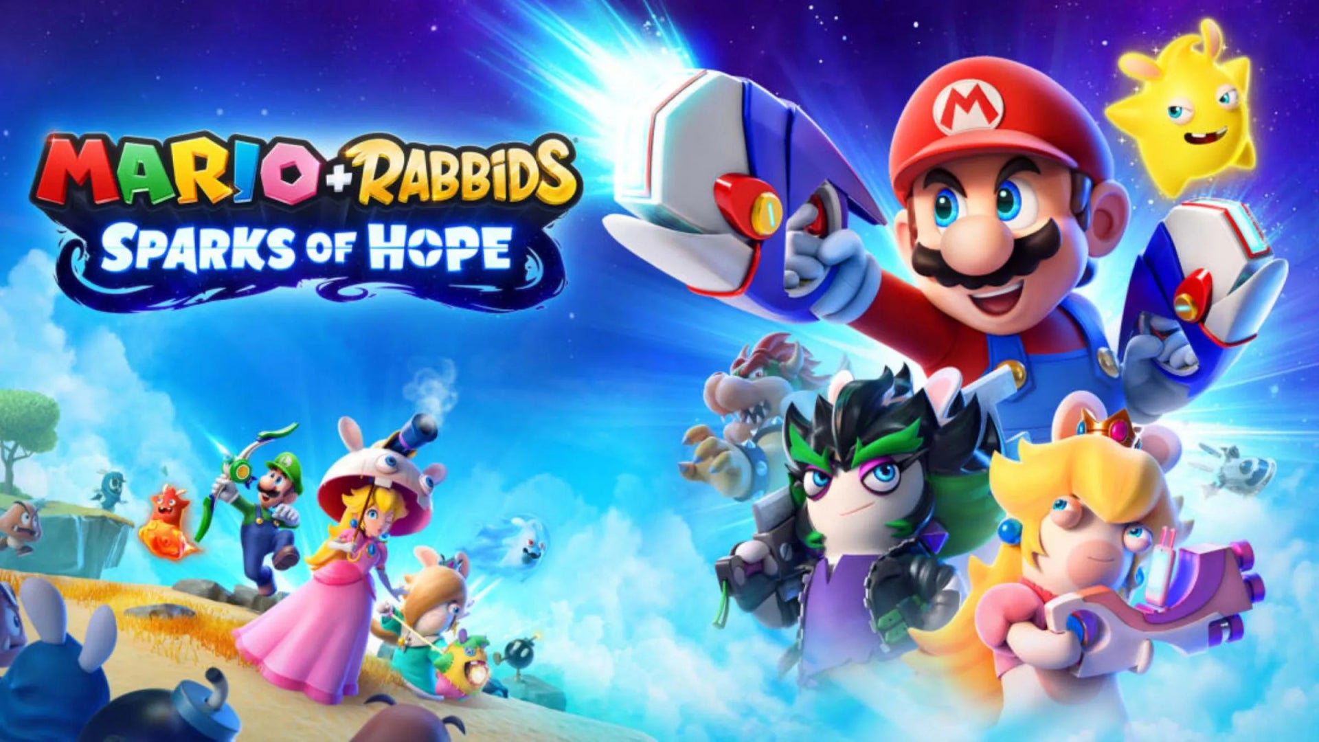 In this Mario + Rabbids Sparks of Hope artwork, multiple characters can be seen including Mario, Luigi, Peach, Rabbid Peach, Rabbid Rosalina, Bowser, Edge, a Looma, a Goomba, and more.