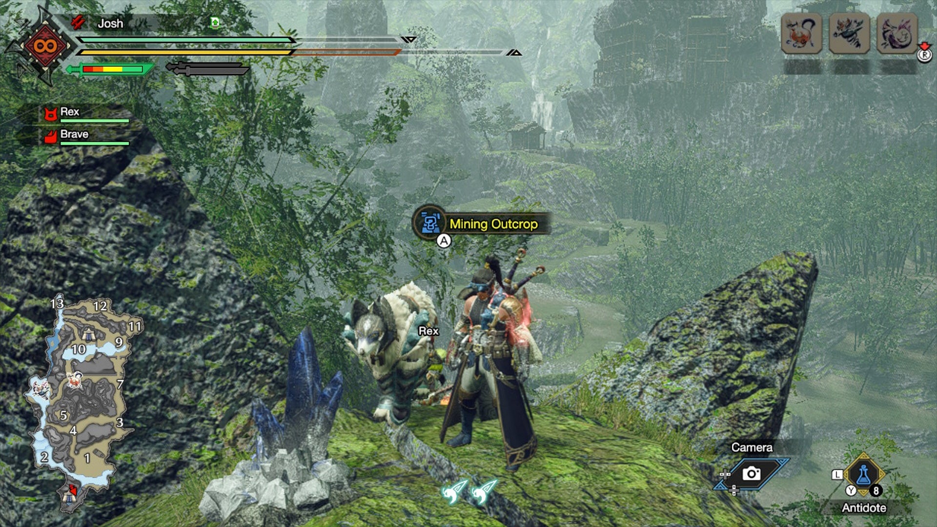 A hunter, palico, and palamute stand near a mining outcrop on a grass-covered hill
