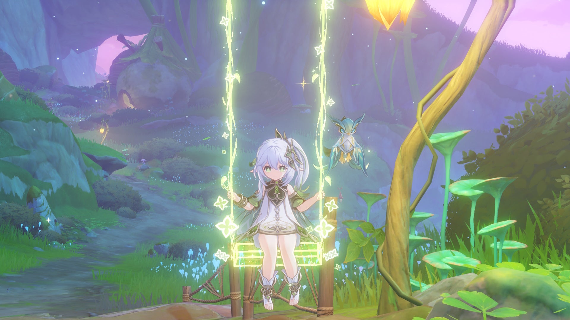 Genshin Impact Nahida materials: A small anime girl wearing a silver dress, trimmed with green, is sitting on a glowing swing made from spectral vines. The sun is setting behind her, and the path is illuminated by a dewdrop-shaped lantern