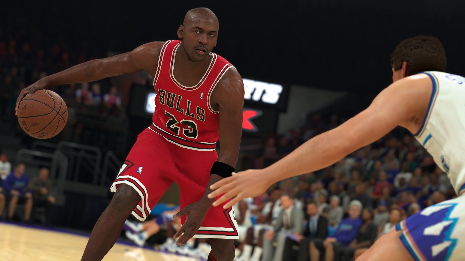 NBA 2K23 earn VC fast: two men compete for control of a basketball