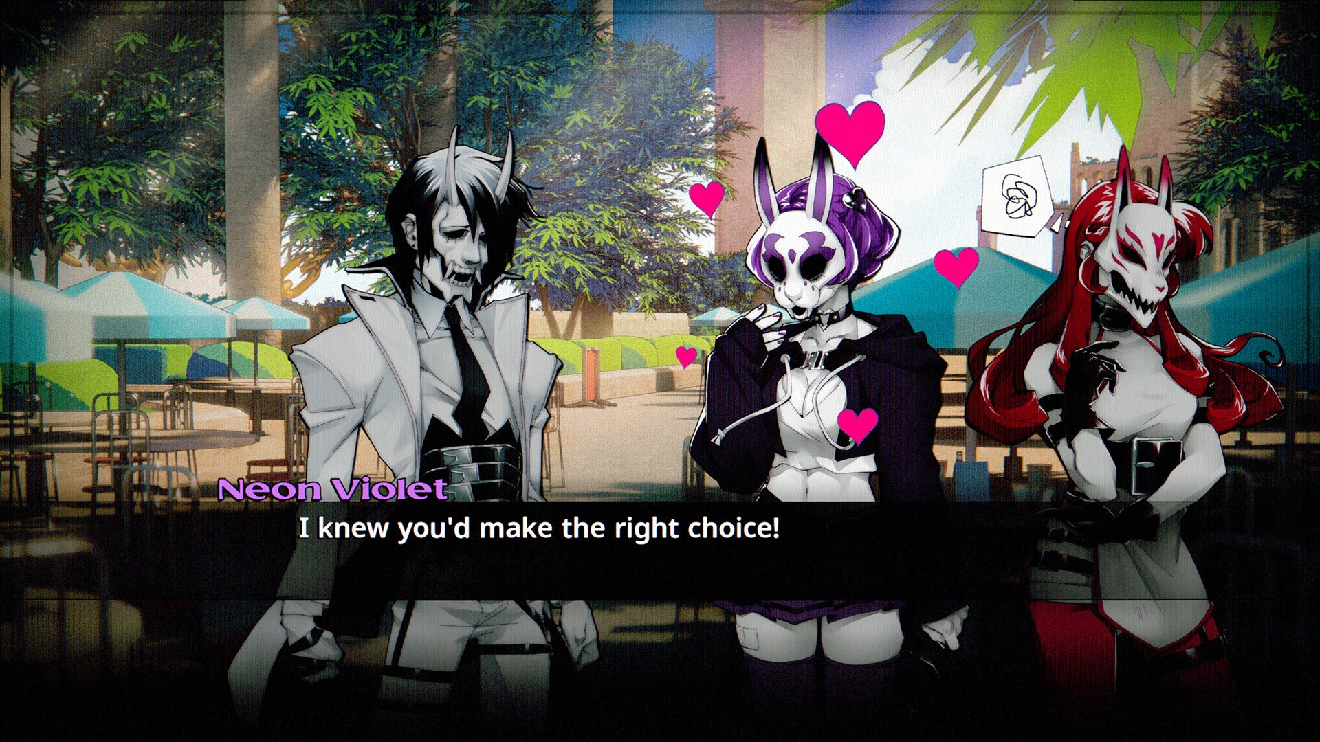 Neon White is shown to have dating sim elements throughout the game.