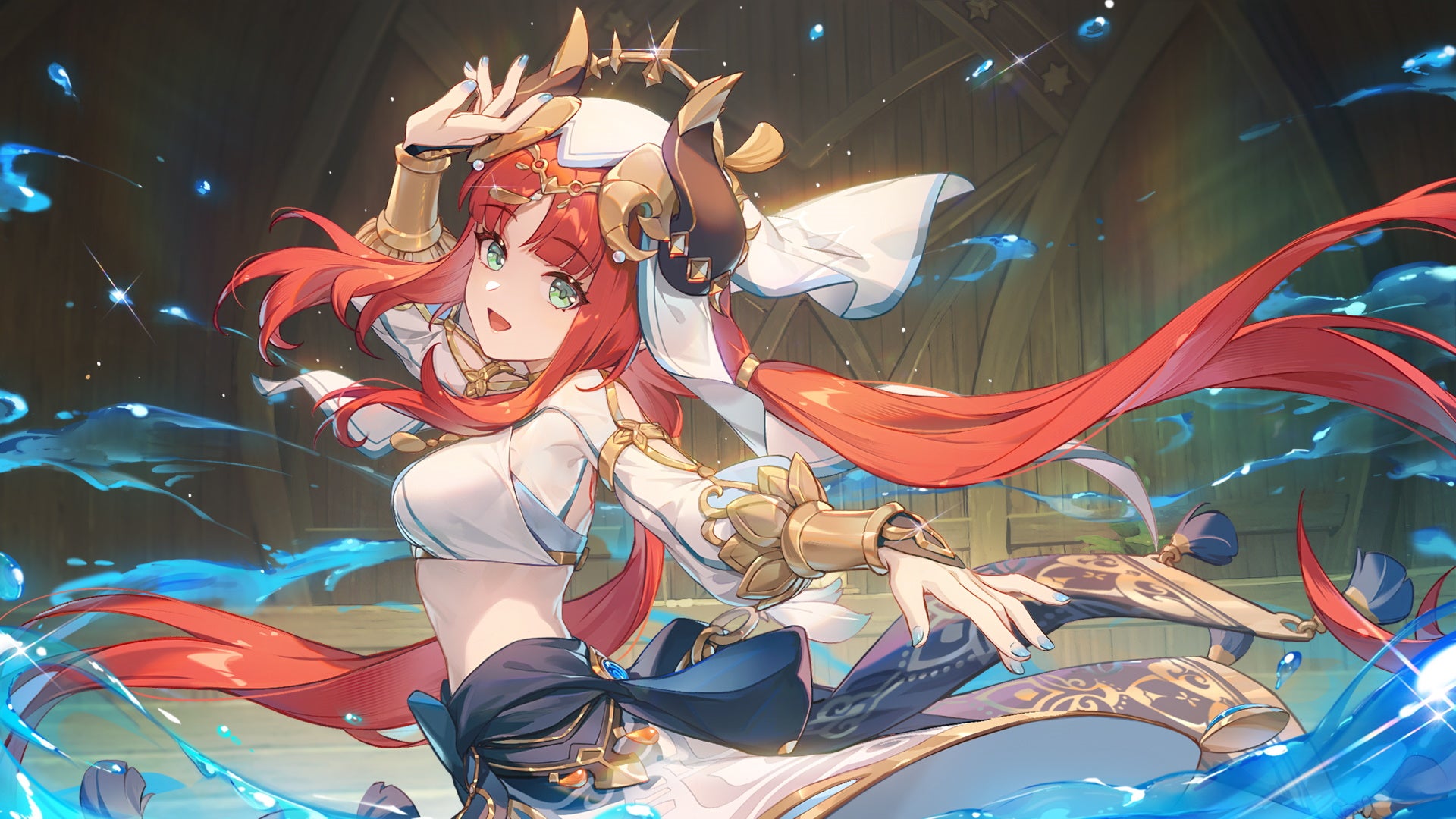 Genshin Impact Nilou build: An anime woman with red  hair and a blue and white dress spreads her arms amid a rush of water