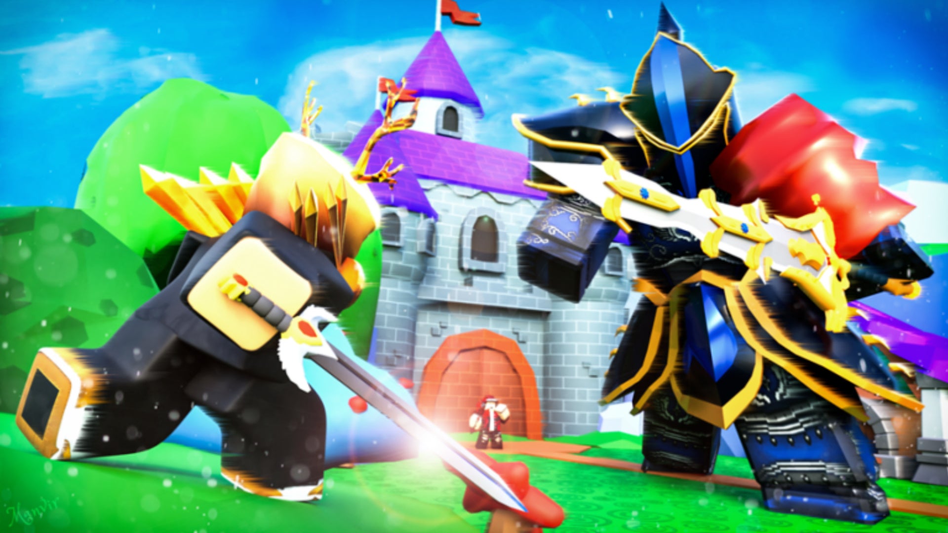 Official Sword Fighters Simulator artwork depicting a large Knight and a Hero holding swords as they battle each other.