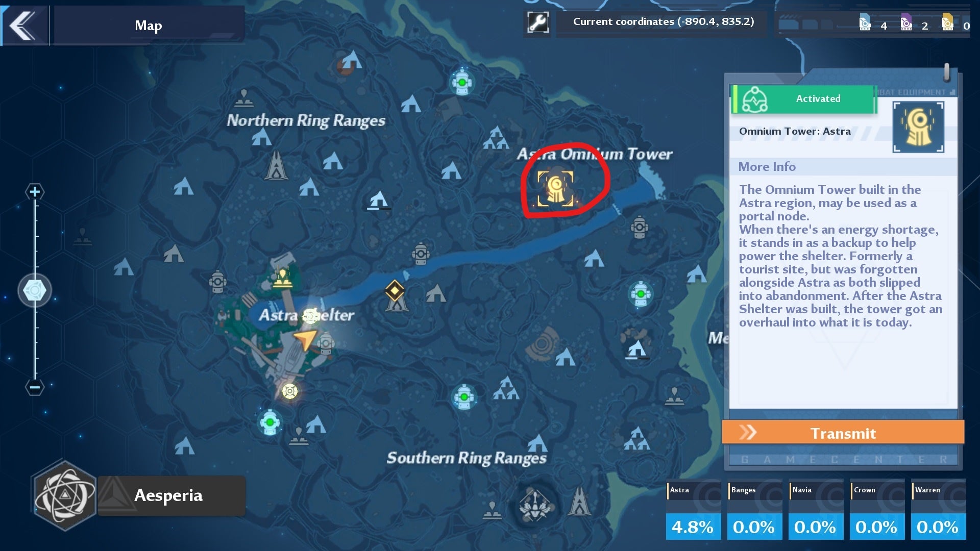 Omnium tower (see circled) on the world map, post activation in Tower of Fantasy.