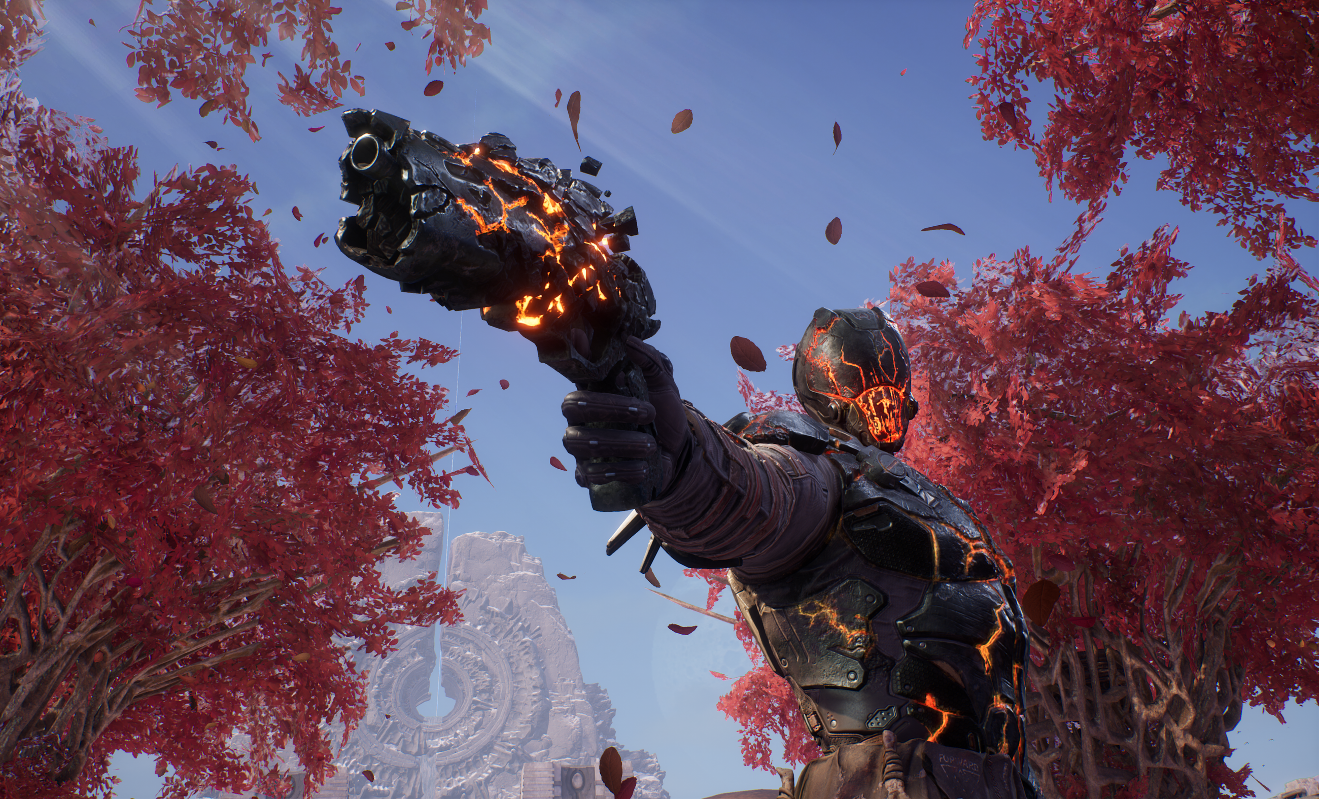 A Pyromancer Altered wields a hand cannon in the Outriders Worldslayer DLC.