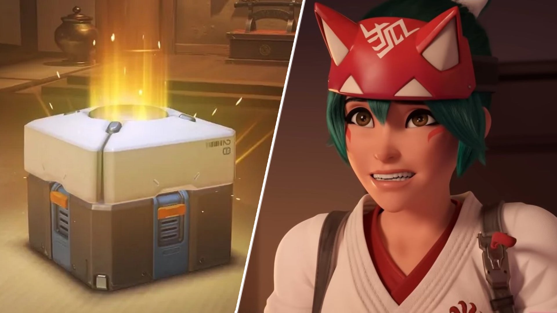 Custom split header with Overwatch lootbox and kiriko