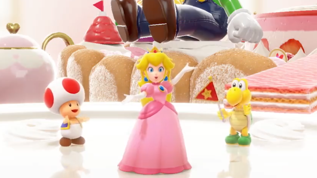 Peach posing with Toad and Koopa