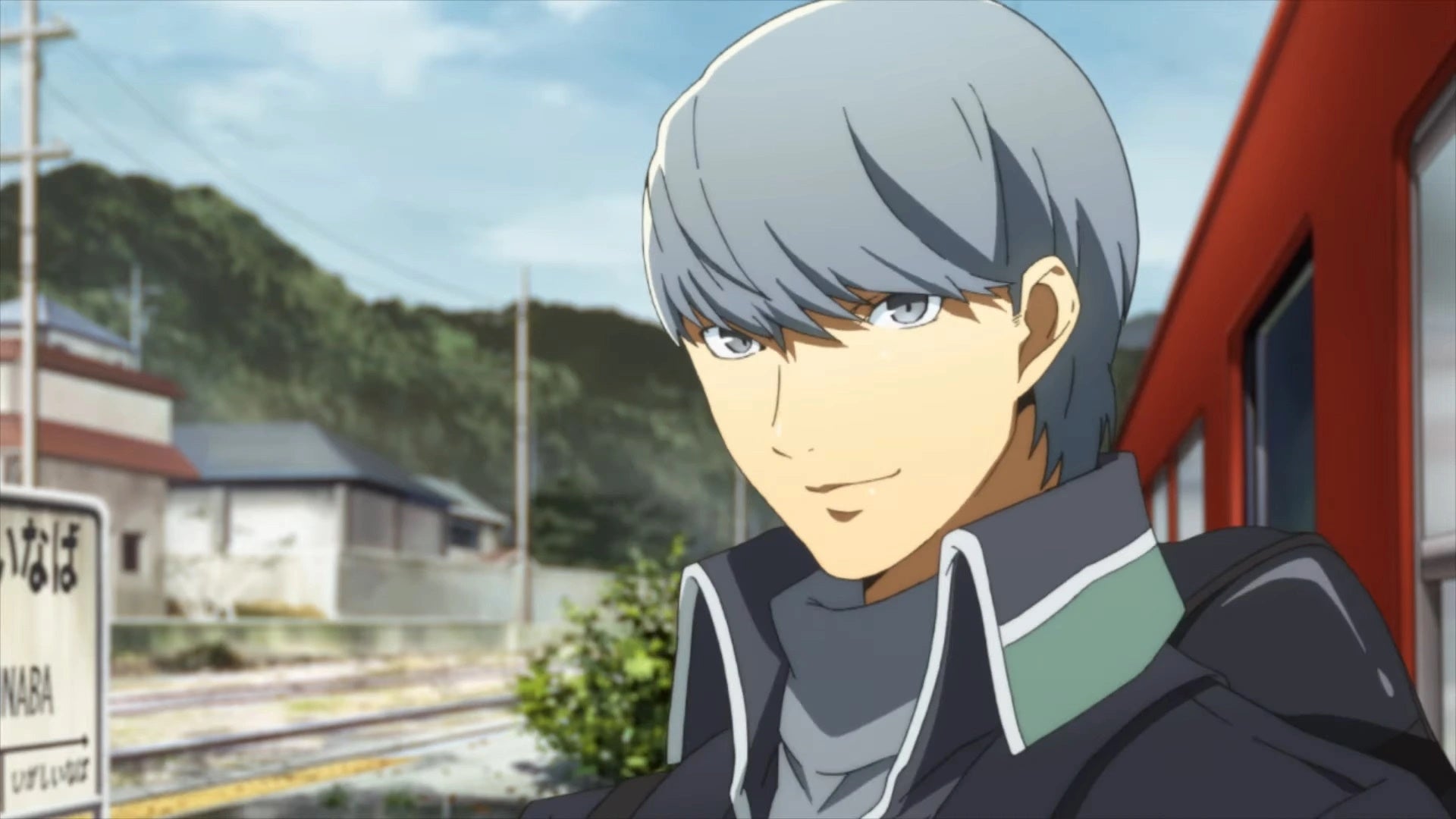 Persona 4 Golden endings: An anime young man with short silver hair, wearing a high-collared jacket and grey shirt, is standing on rural train platform. Across the tracks is a run-down white building