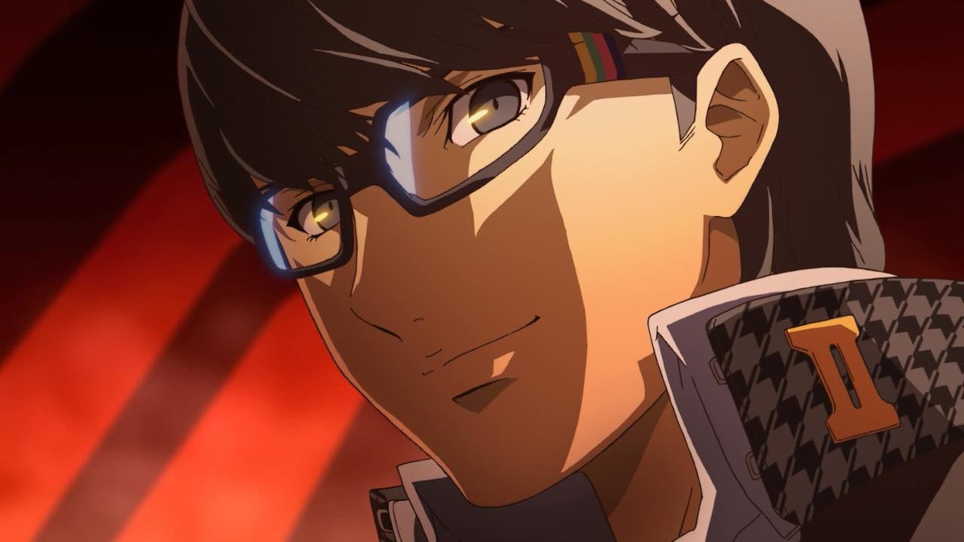 Persona 4 Golden endings: An anime young man wearing a high-collared black and white shirt and rectangular glasses is wearing an ominous smirk on his face. Behind him is a streaked red background