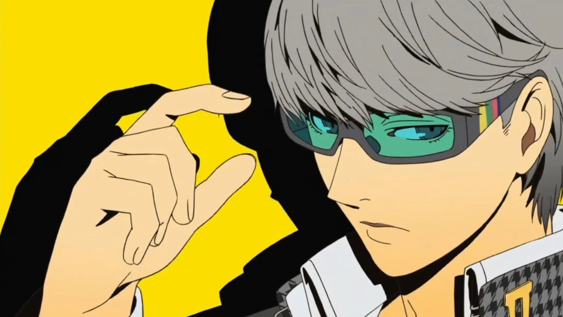 Persona 4 Golden classroom answers: An anime young man with short silver hair, wearing rectangular glasses with green-tinted lenses, is standing against a golden background. His right hand is raised toward the glasses