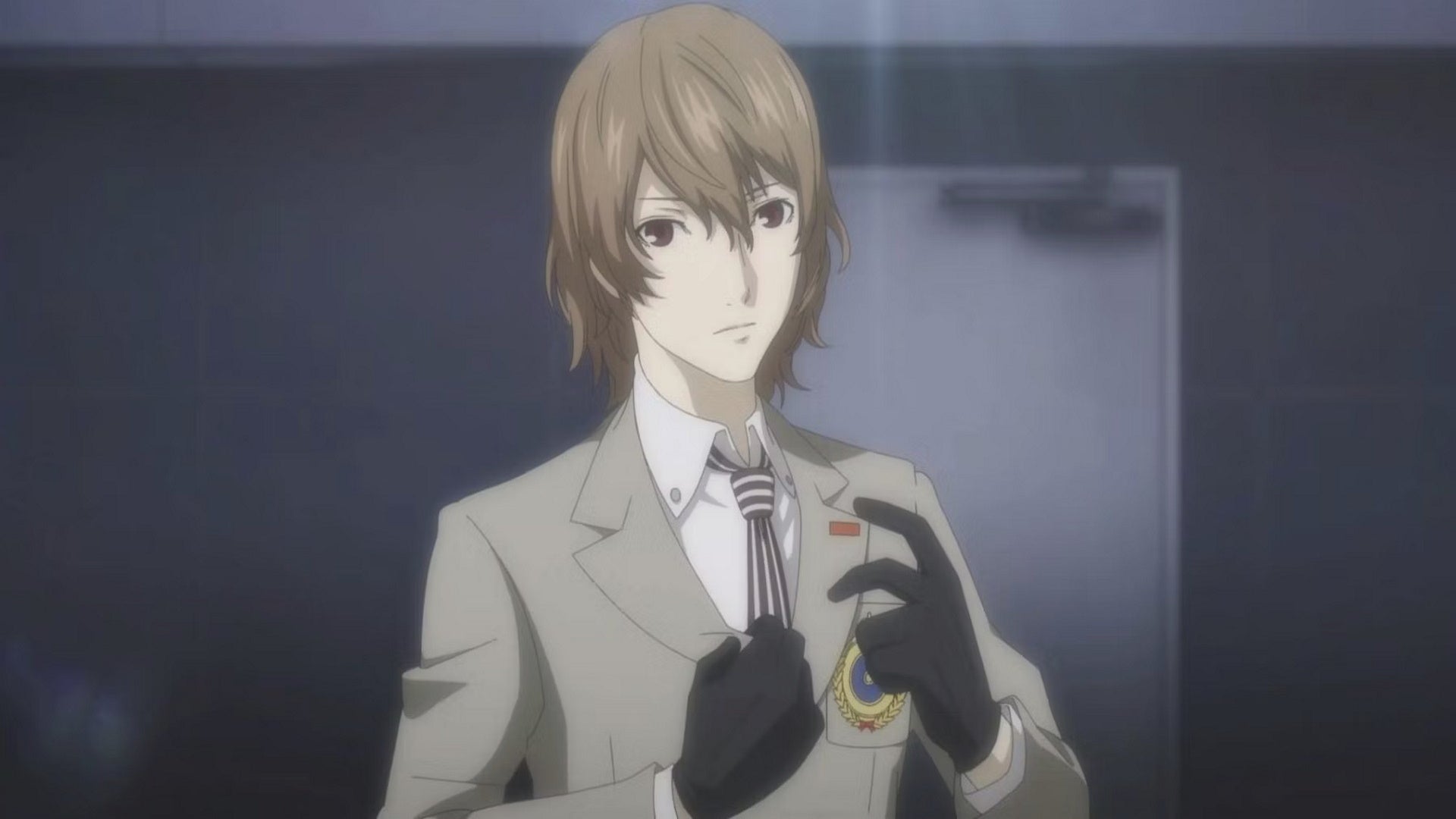 Persona 5 Royal Akechi Confidant: An anime young man wearing black gloves and a grey suit stands in front of a subway station