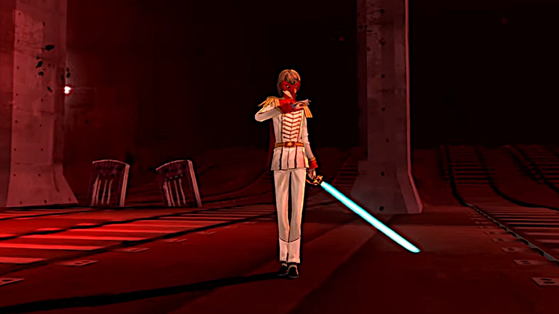Persona 5 Royal Akechi Confidant: An anime young man wearing a white suit and red mask brandishes a sword