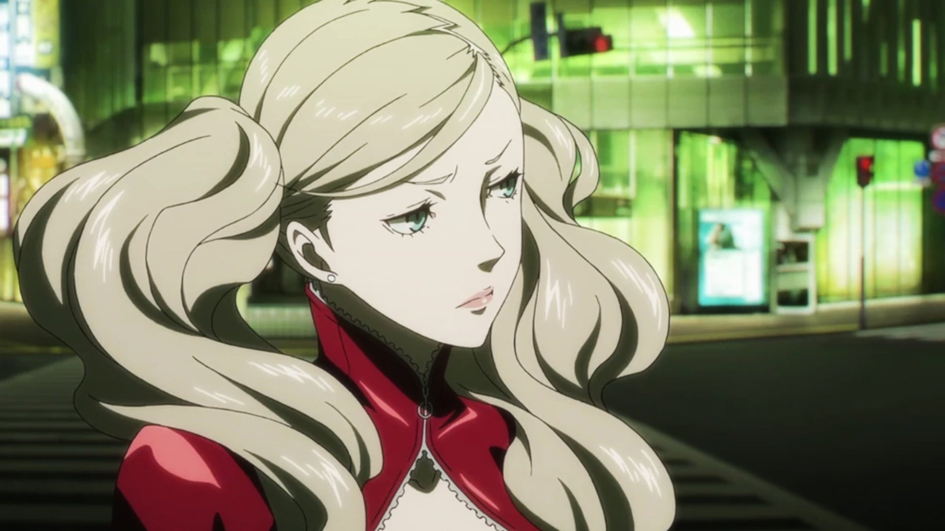 Persona 5 Ann Confidant choices: An anime girl with blonde hair and a red leather suit stands on a crowded street