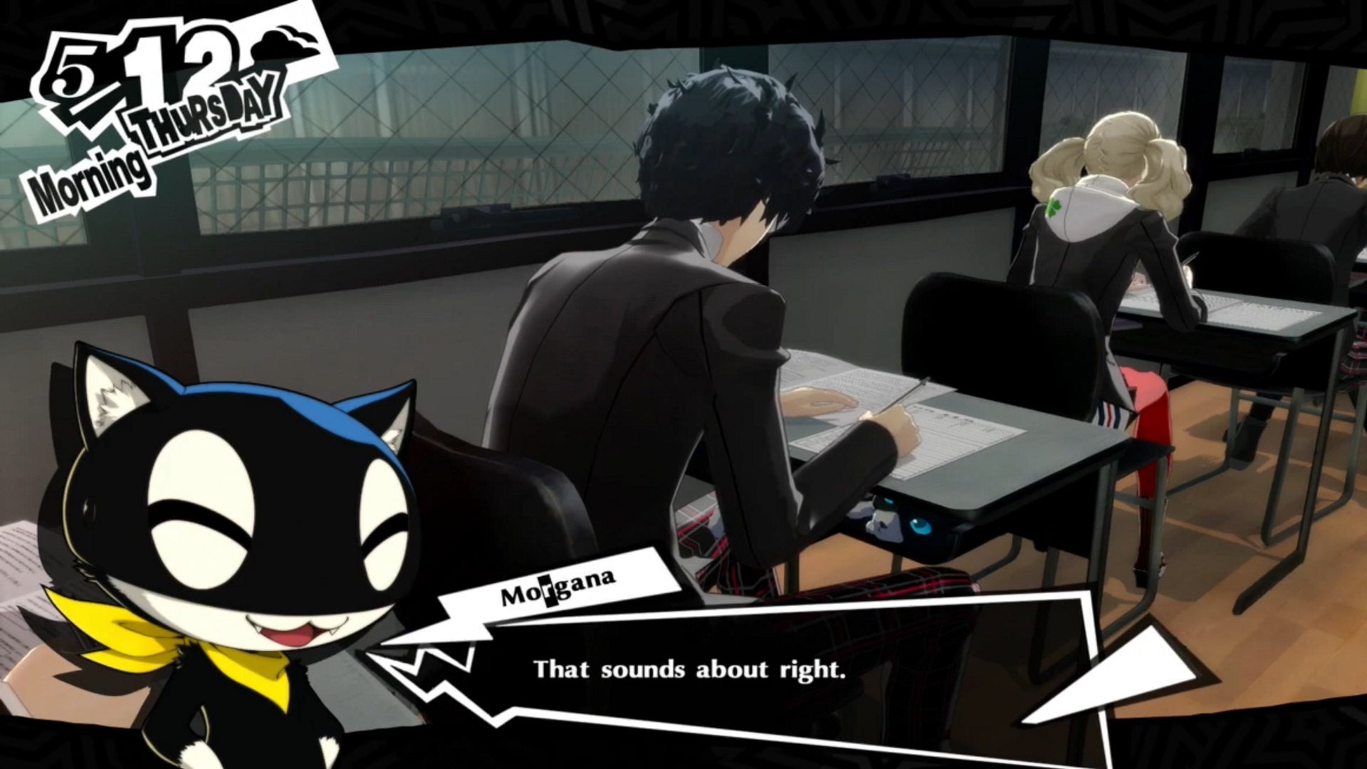Persona 5 Royal classroom answers May: An anime cat tells an anime young man that his exam answer is probably correct