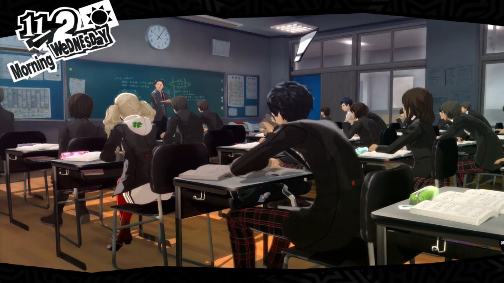 Persona 5 Royal classroom answers November: An anime teenager has an exclamation mark above his head while sitting at his desk in a classroom