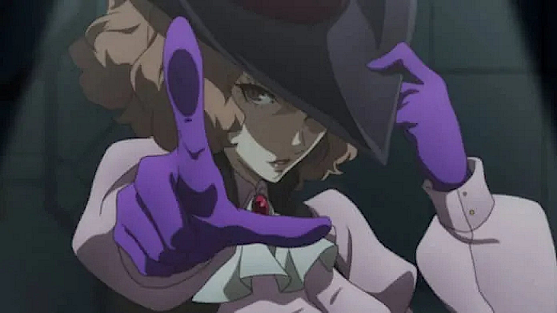 Persona 5 Royal Haru Confidant: An anime young woman in a black hat and frilly pink blouse points a lavender-gloved finger at the camera