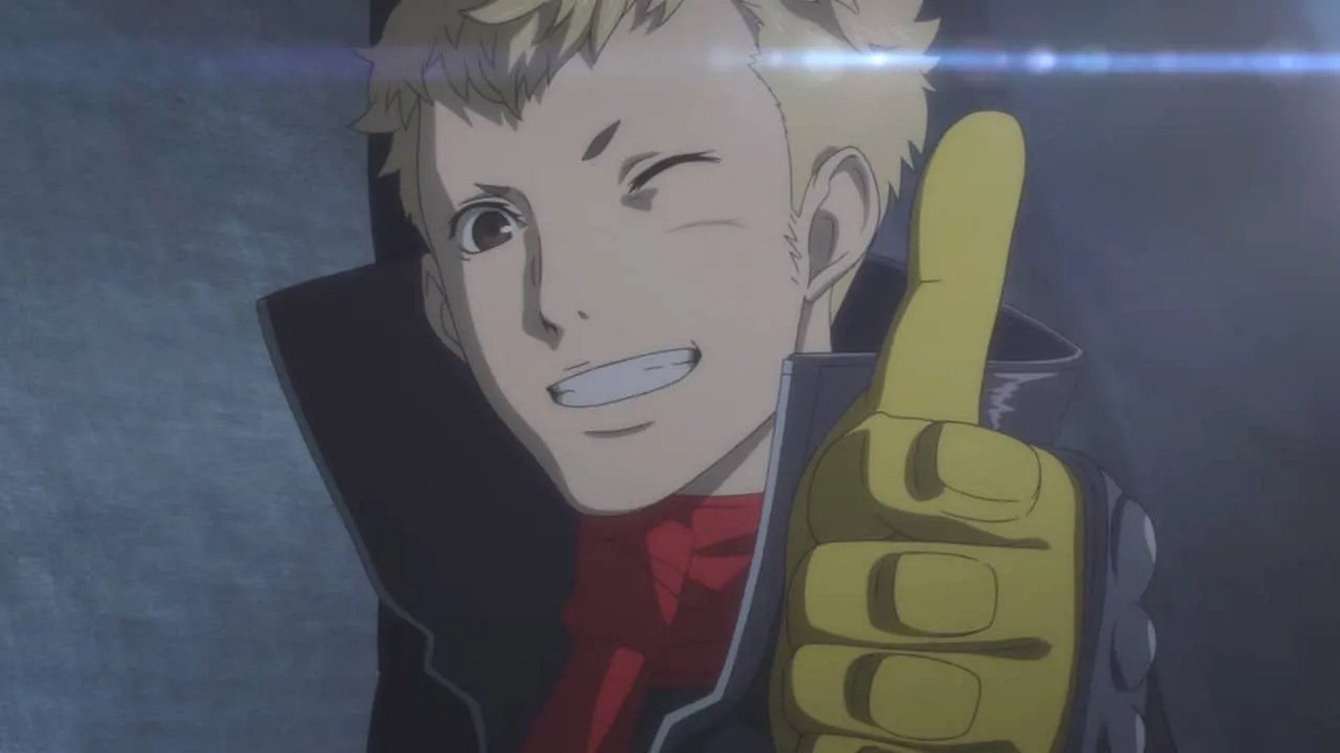 Persona 5 Royal Ryuji Confidant: An anime young man with blonde hair and yellow gloves gives the camera a thumbs up